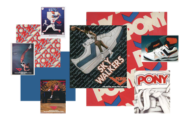 PONY Collage showing Mary Lou Retton, Spud Web, the vintage pony lock-up, and old advertisement for sky walkers with spudd Webb, a pony Sneakers illustration, and vintage 80s pony low-top ad