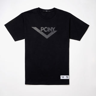 A flay lay photo of a black PONY Classics t-shirt with a gray vinyl print PONY lock-up logo and a PONY Locker label in the lower right