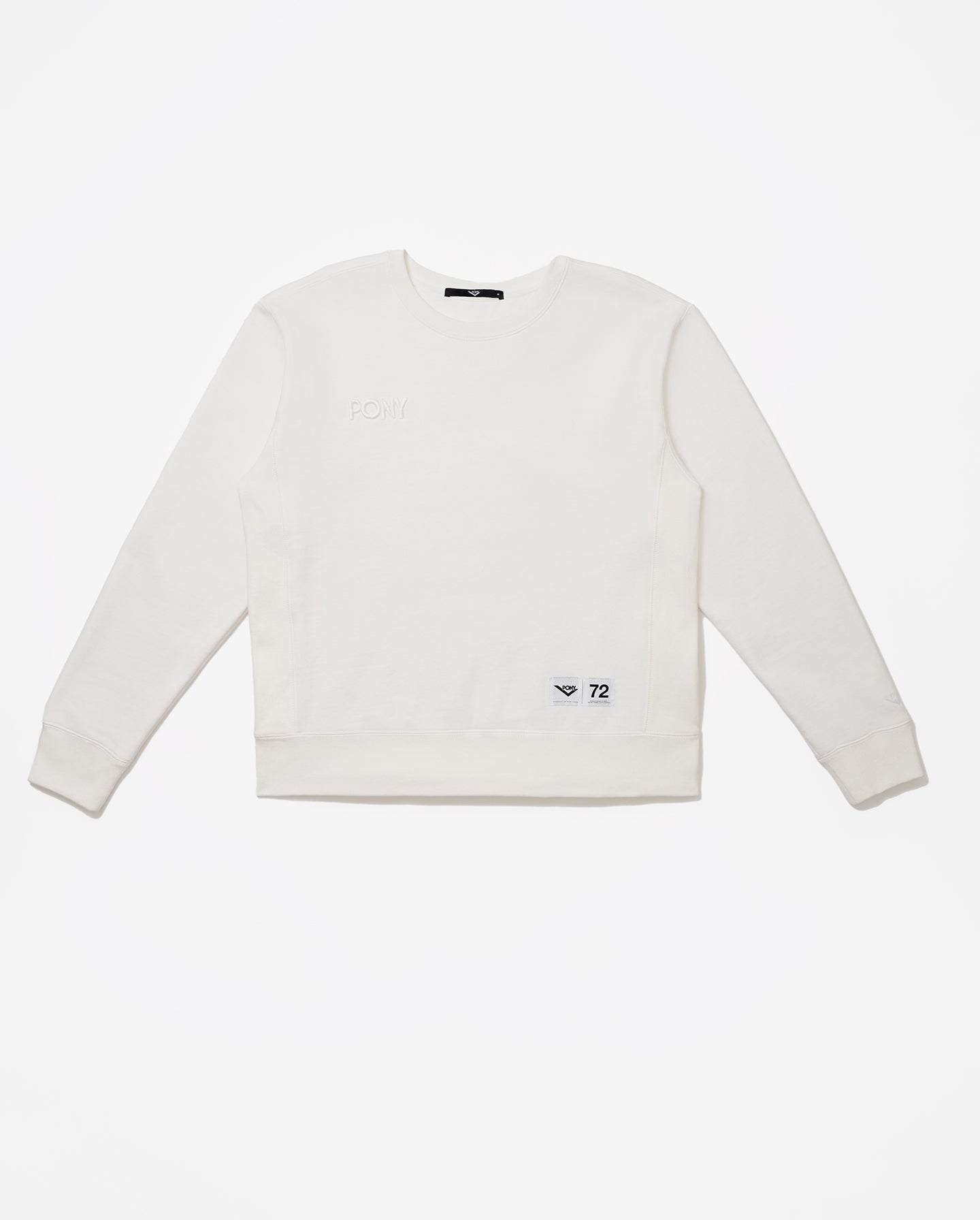A white PONY embroidered sweatshirt with Embroidered PONY word mark logo and PONY locker label with PONY Chevron and "72" sewn in bottom righthand corner.