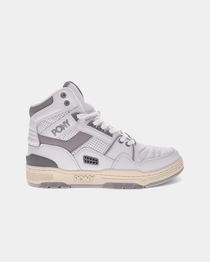 PONY GREY M-100 High-top side profile view featuring the PONY Grey word mark and PONY on sole.