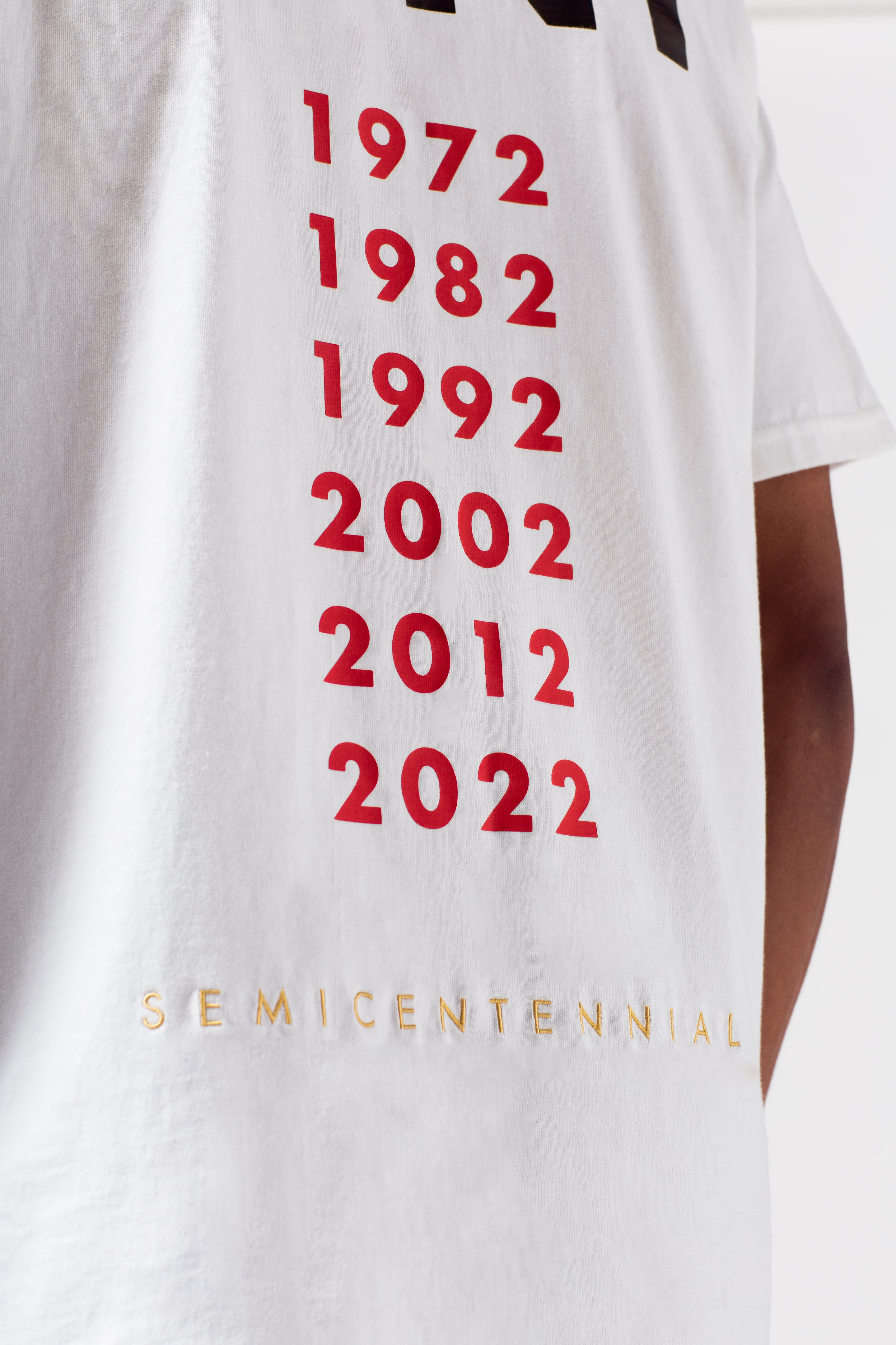 A close-up back shot of the white semi centennial sports tee featuring a PONY word mark across the top and years printed in red below, Yellow embroidered "SEMICENTENNIAL" across the bottom.