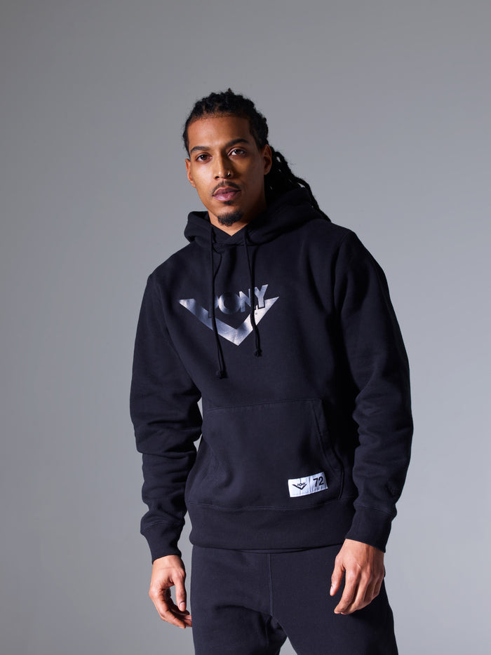 A male model wearing a PONY Lockup vinyl logo sweatshirt with front kangaroo pocket. A PONY locker label is affixed to the lower right with the PONY LOCKUP and 72 next to it.