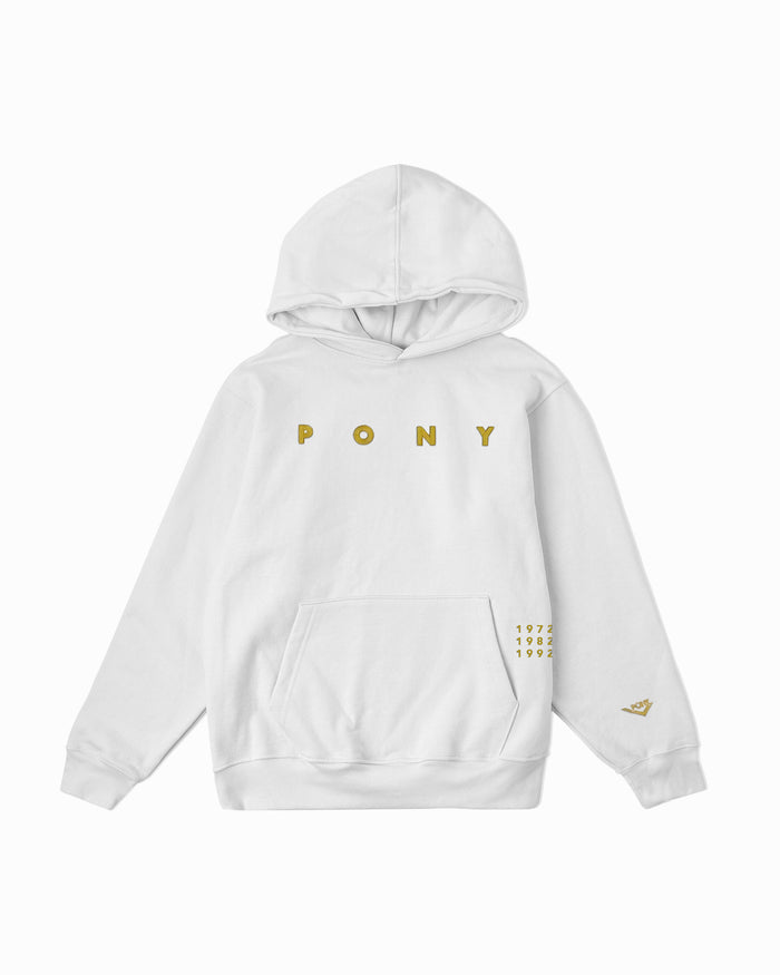 White PONY Semicentennial Hoodie with " P O N Y" embroidery across the chest in all capital letters. PONY years "1972, 1982, 1992, 2002, 2012, and 2022" embroidered on the right of hoodie kangaroo pocket. PONY lock-up embroidered in gold thread above the inside of the right cuff.