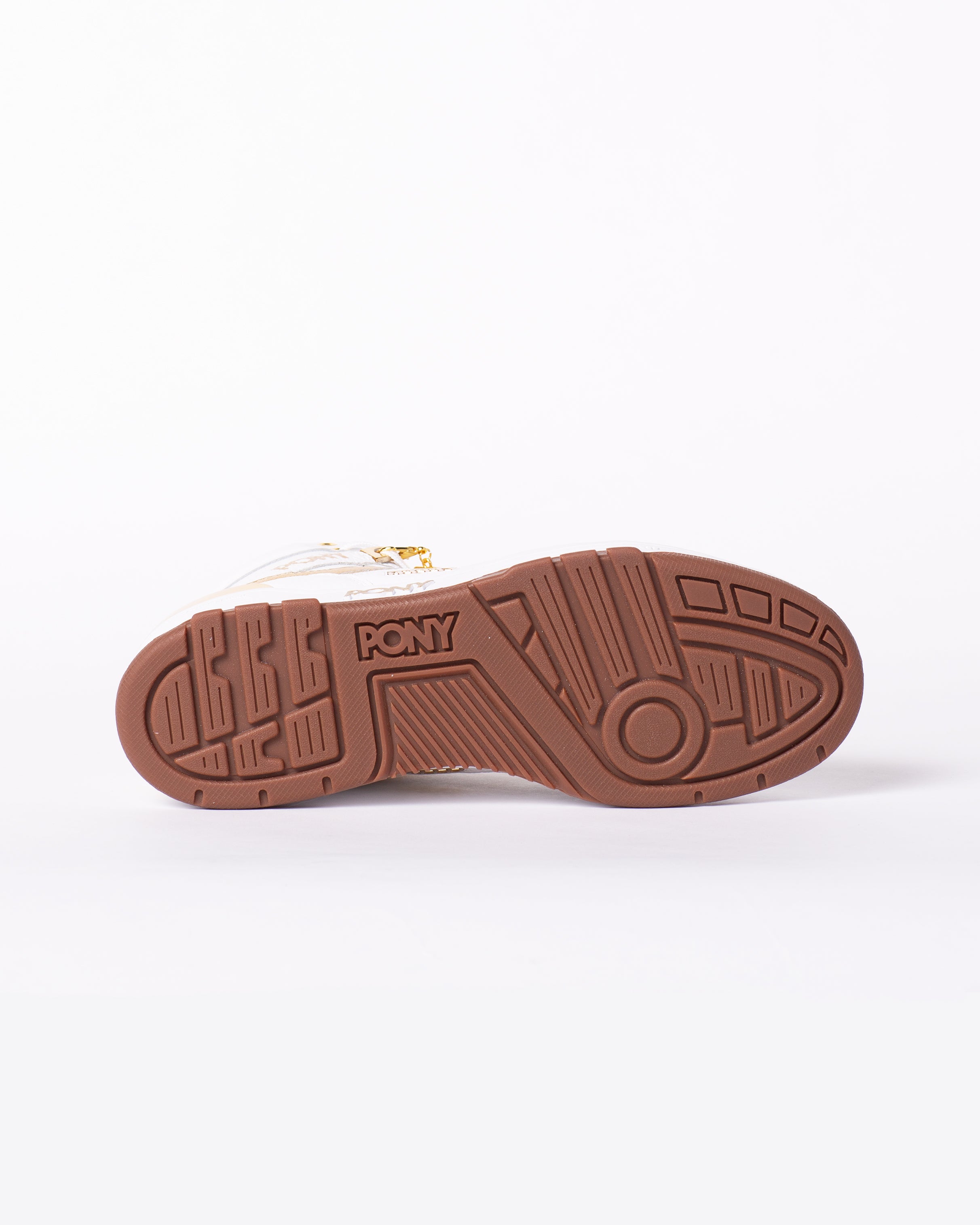 Sole of pony shoe, shoe on its side facing right with PONY word mark and classic circle on foot
