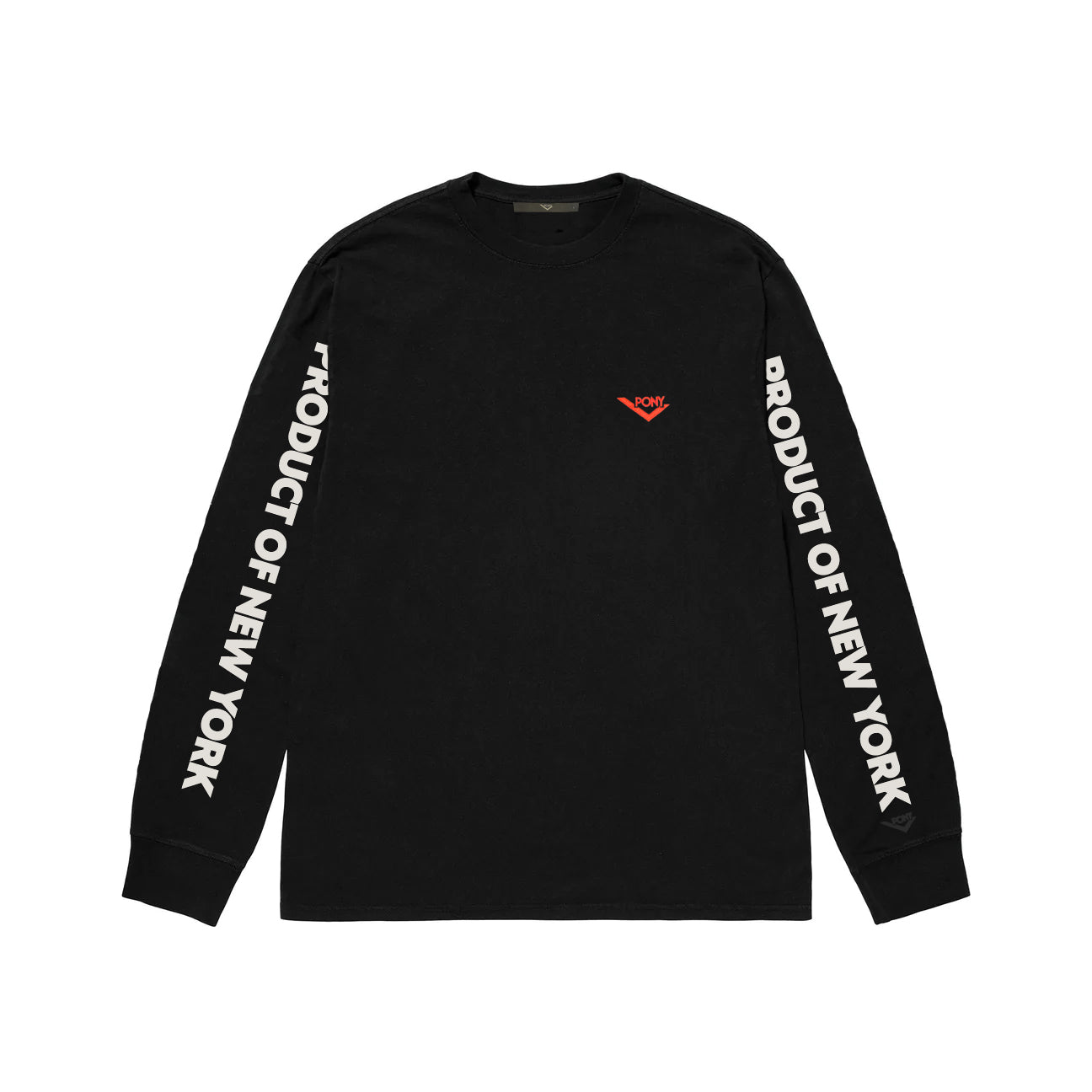 PONY longsleeve shirt. All black longsleeve with black ribbed cuffs. Featuring red pony lockup on chest right. PRODUCT OF NEW YORK in white Futura font on the inside of left and right sleeves.