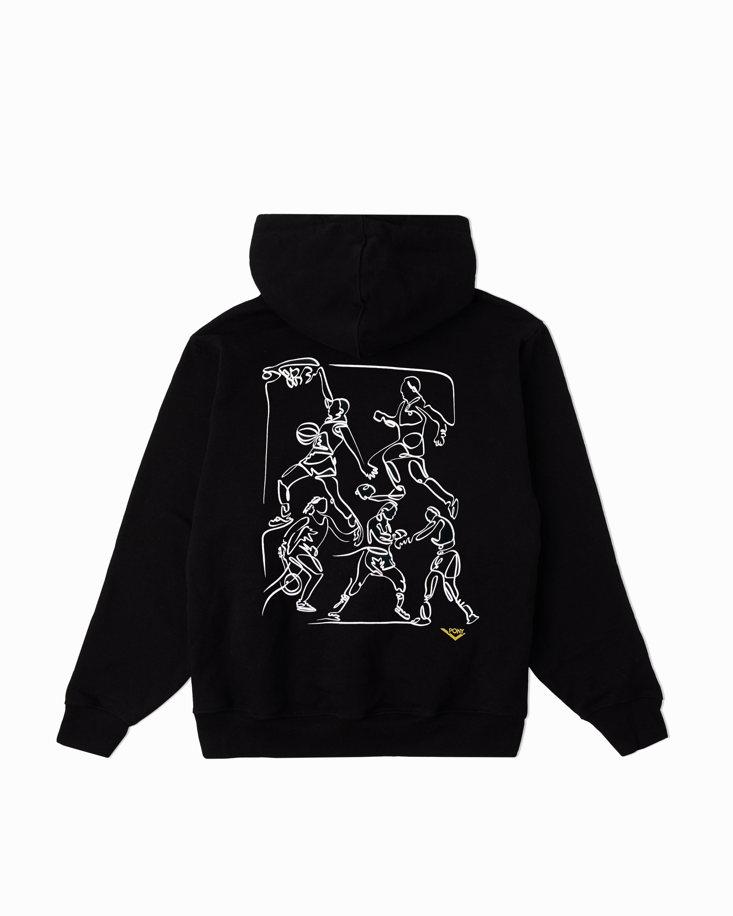 PONY Semicentennial Sports Hoodie back shot showing Line drawing illustration of basketball players dunking and running in a figurative style. Gold PONY lockup embroidered in the lower right of the design.
