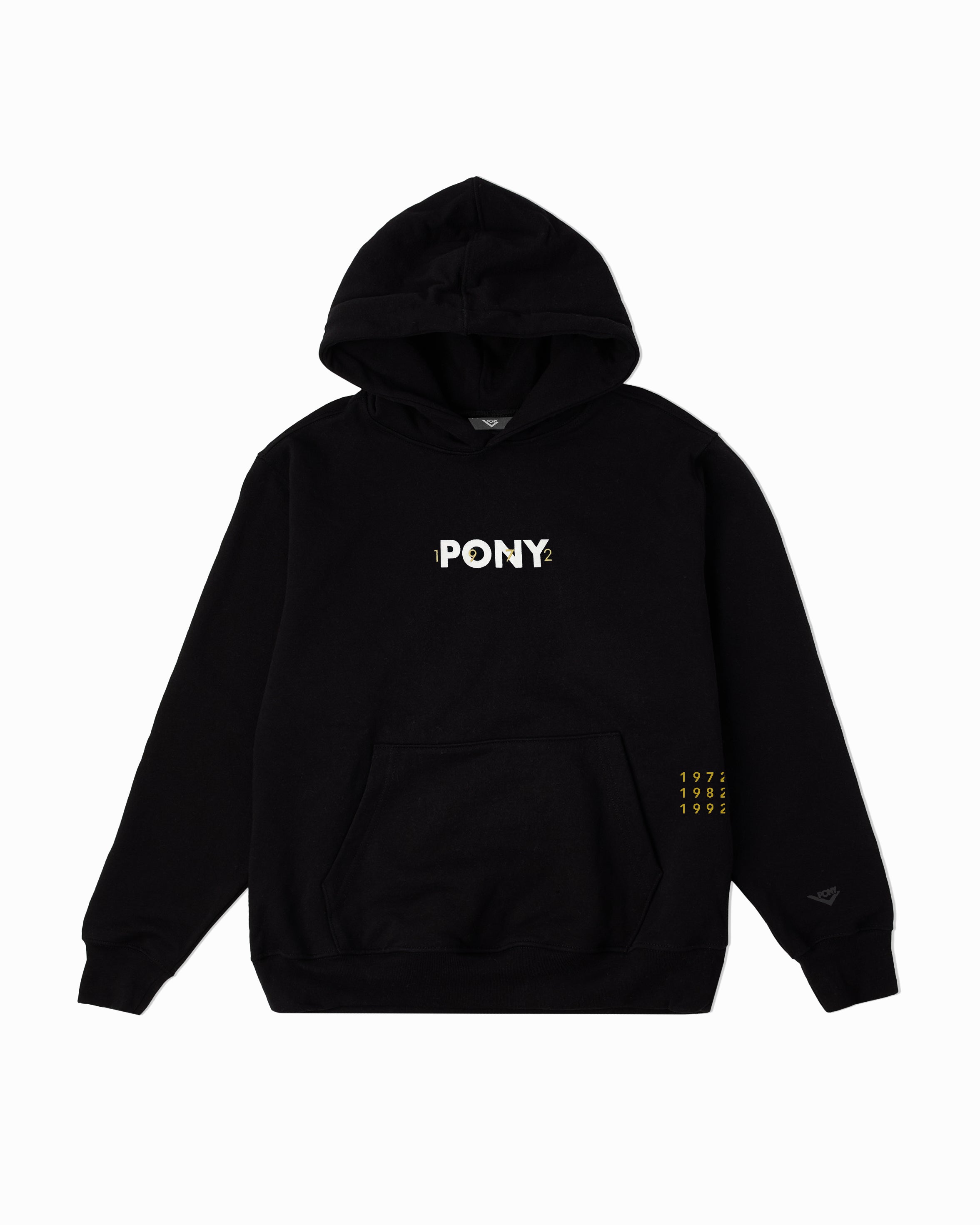 Black PONY Semicentennial sports hoodie with PONY in white with 1972 in gold in the middle of the chest. PONY years "1972, 1982, 1992, 2002, 2012, and 2022" embroidered on the right side of the kangaroo pocket. PONY Lock-up in black in the middle of sleeve above cuff.