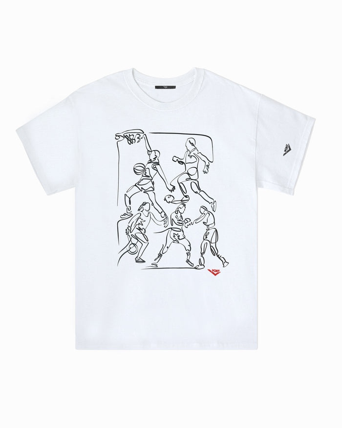 White Pony Semicentennial Sports tee featuring central black line drawing of basketball players in a figurative style. Embroidered Red PONY Lockup in lower right corner of the design. PONY Lock-up logo embroidered in the center of inner right sleeve.