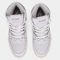 Overhead view of PONY High top shoes featuring the O+PONY wordmark on both tongues and PONY stamp on inner sole.