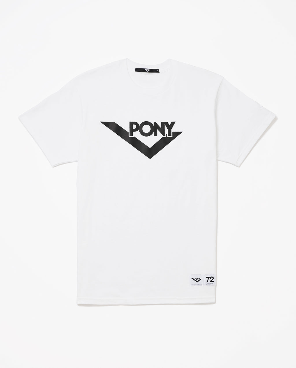 A white PONY t-shirt with a black vinyl printed PONY Lock-up Logo and Bottom Locker label sewn in bottom right.