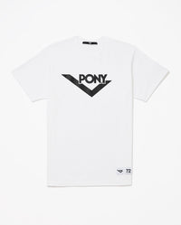 A white PONY t-shirt with a black vinyl printed PONY Lock-up Logo and Bottom Locker label sewn in bottom right.
