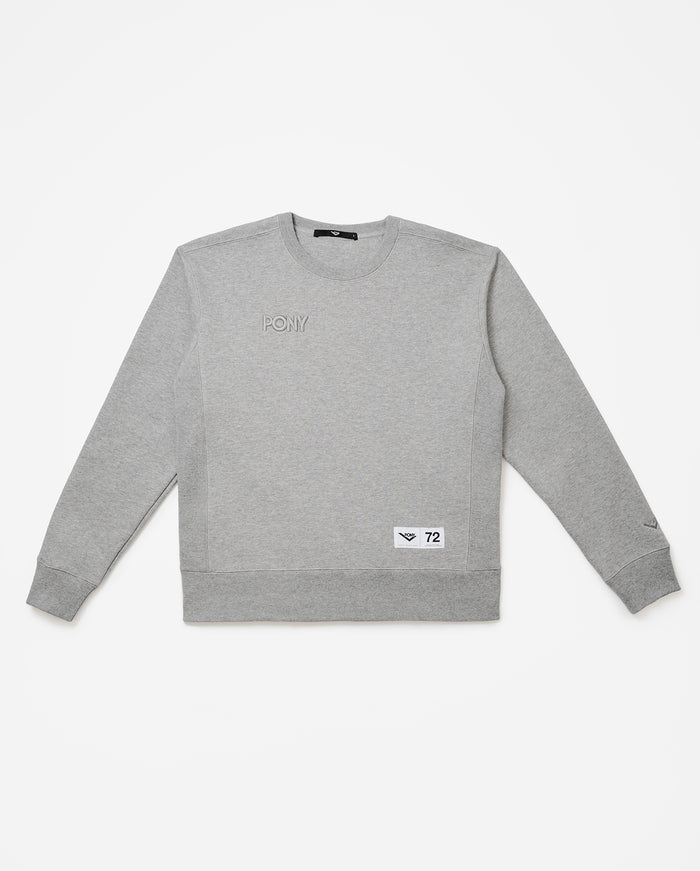 A laydown image of a gray crewneck sweatshirt with Embroidered PONY word mark logo and PONY locker label with PONY Chevron and "72" sewn in bottom righthand corner.