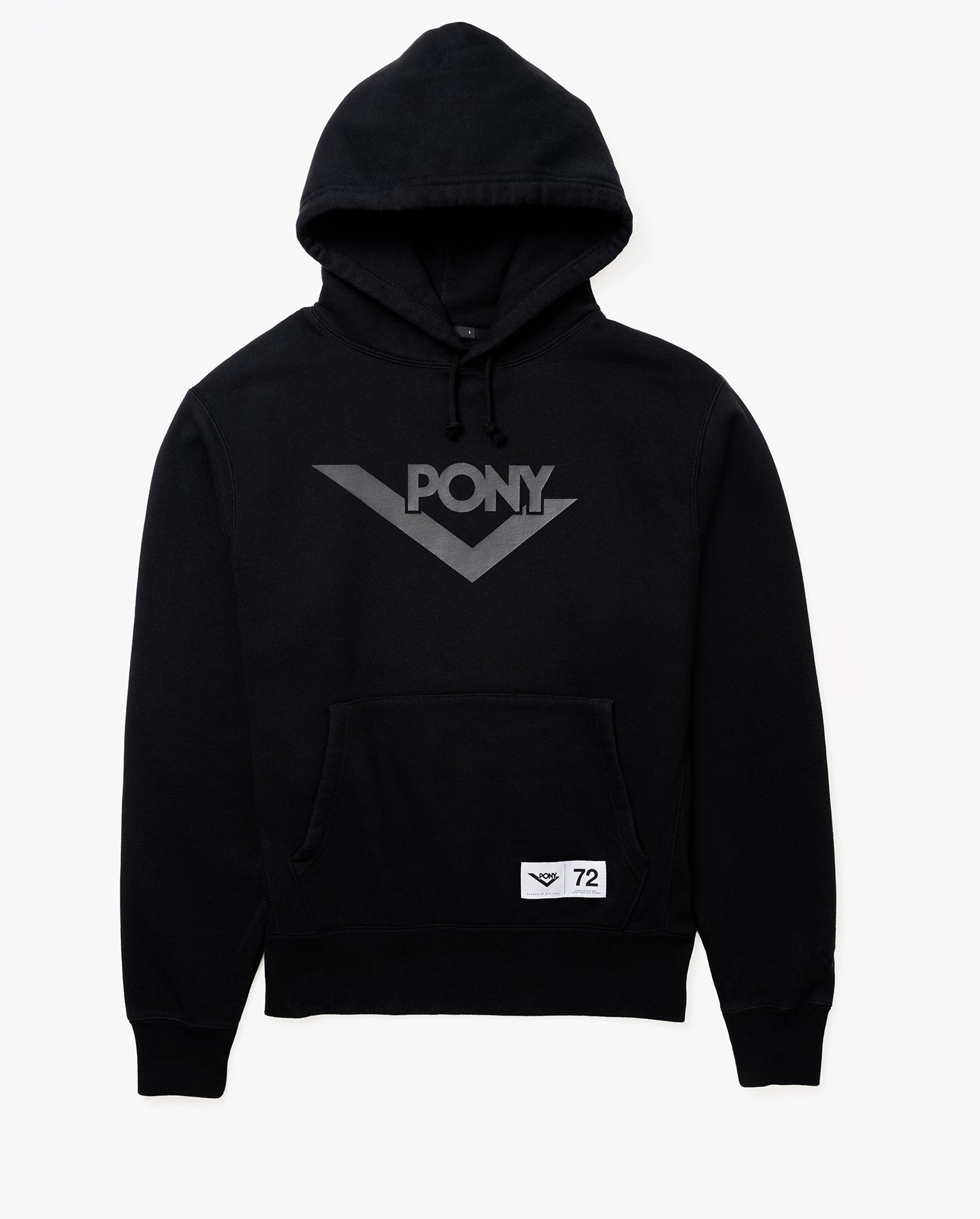 A flay lay photo of a black PONY Classics sweatshirt with a PONY lock-up above a front kangaroo pouch and a PONY Locker label in the lower right