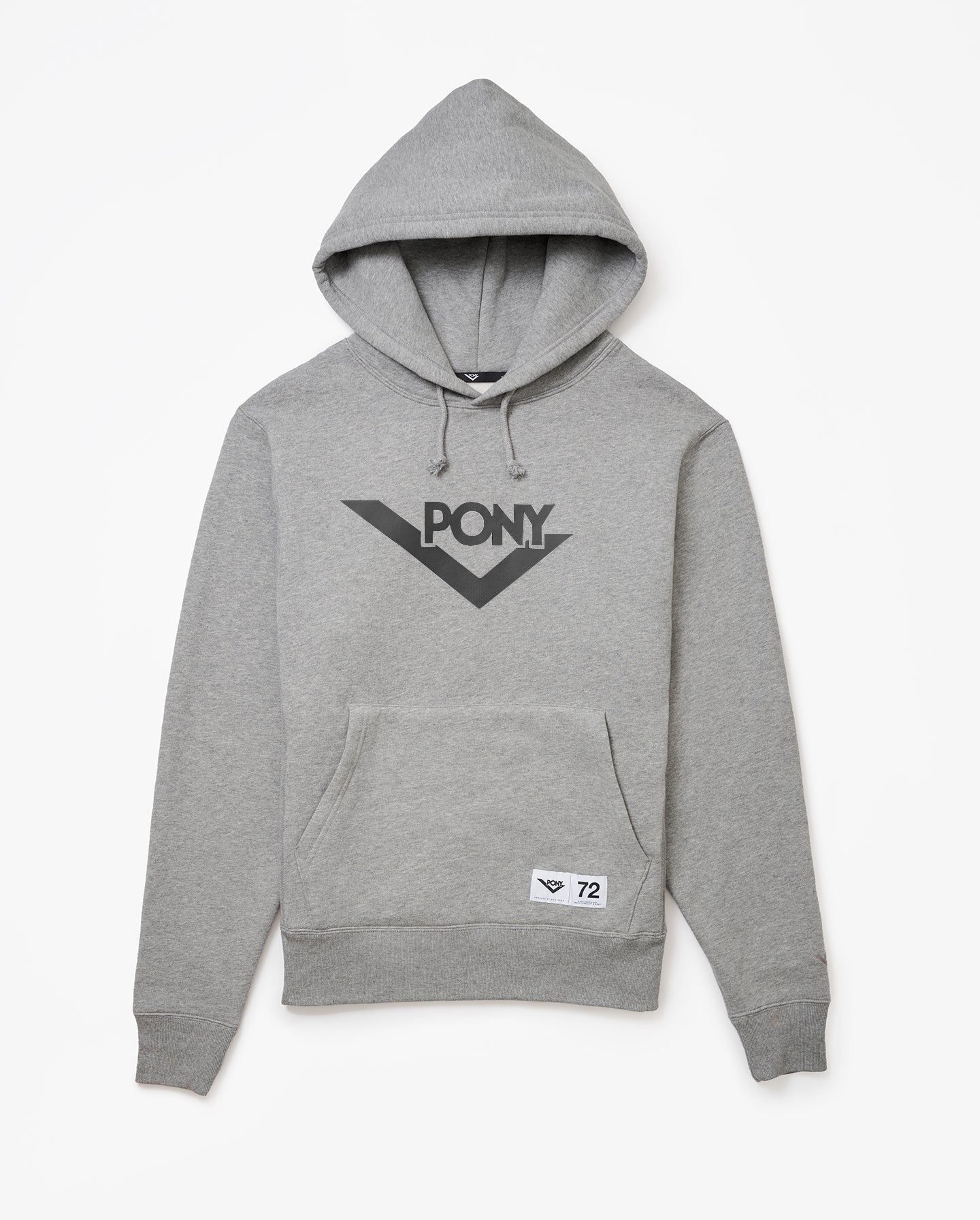 A heathered gray PONY hoodie with Gray Lock-up Logo vinyl printed on the front above the kangaroo pocket. Locker label sewn at bottom right.
