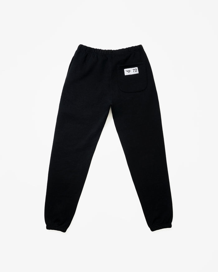 A back laydown of PONY navy jogger pants with locked label sewn on right pocket.