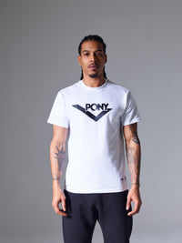 A front shot of a male model wearing PONY Chevron Lock-up in vinyl printed on the front. Also featuring a PONY Locker label with PONY Chevron Lock-up and "72" at the bottom.